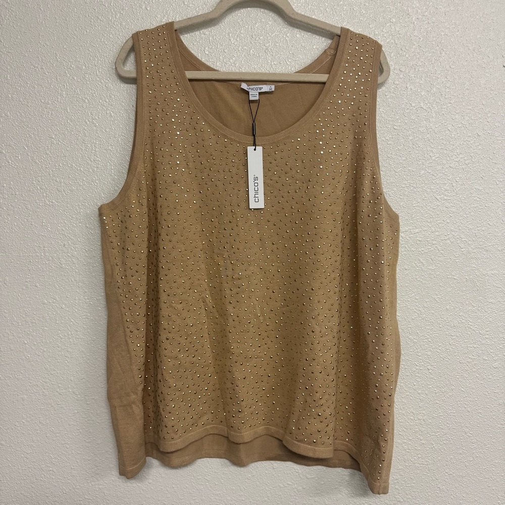 Chicos New Size 4 XXL Embellished‎ Shimmer Knit Sweater Tank Tan Gold Khaki